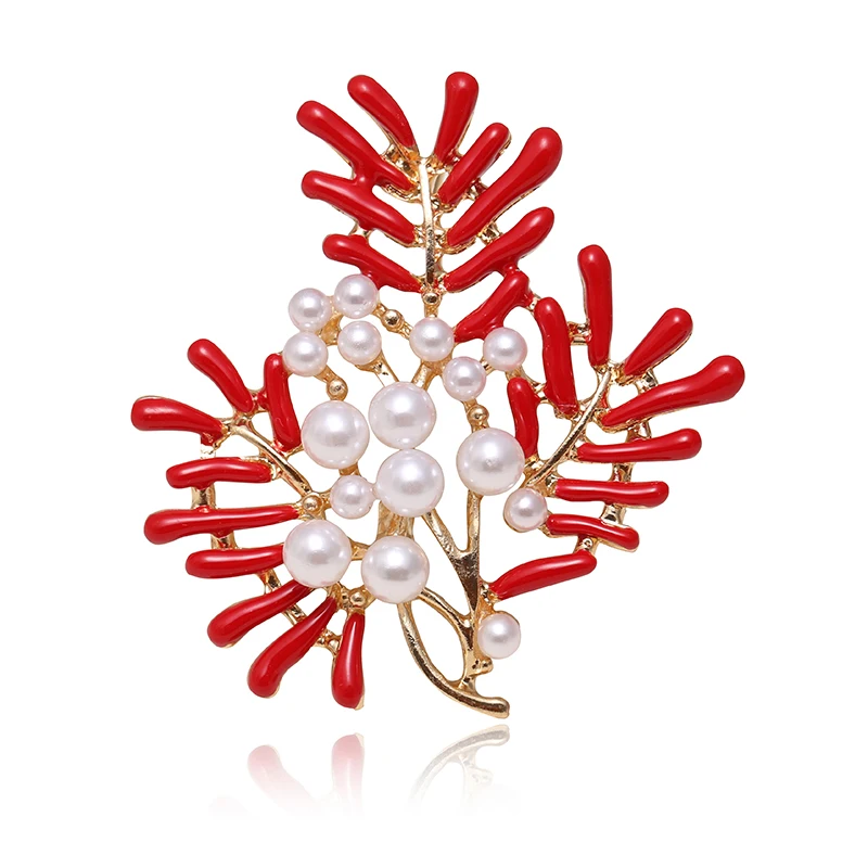 

New Metal Plant Leaf Bouquet Red Brooches Mosaic Imitation Pearl Scarf Hijab Pins Fashion Wedding Accessories For Women Gift