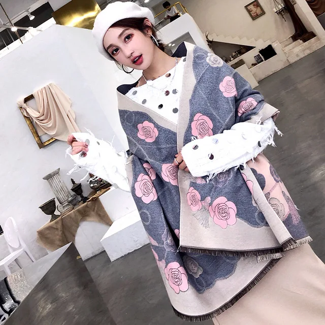 style 3 gray pink Шаль Роскошная Bufanda зимний женский цветочный матовый кашемировый шарф chal теплая шаль двухсторонняя большая Пашмина путешествия одеяло обертывания - Цвет: style 3 gray pink