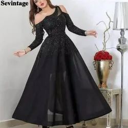 Sevintage Black Appliques Lace Arabia Prom Dresses Long Sleeves Dubai Evening Party Gowns Off Shoulder Plus Size Formal Dress
