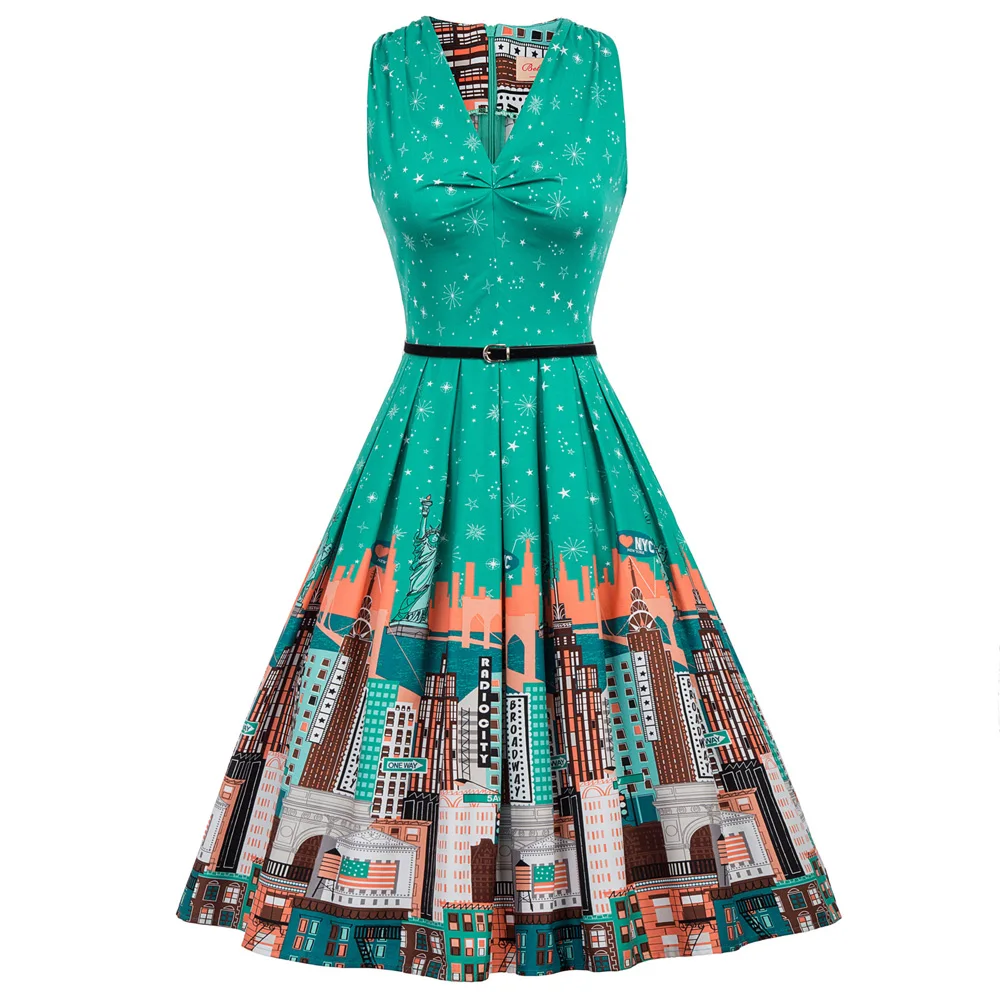 

Womens Sleeveless V-Neck Floral Animal Print Pleated Flared A-Line Dress