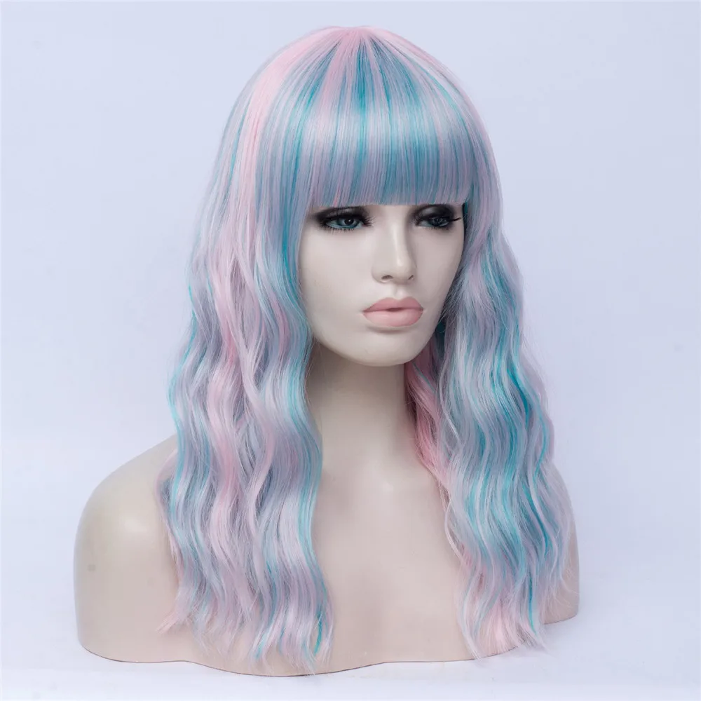MSI Wigs Лолита длинные волнистые парик цвета радуги с взрыва высокая температура волокно Синтетический Косплей парики для девочек Хэллоуин - Цвет: pinkblue