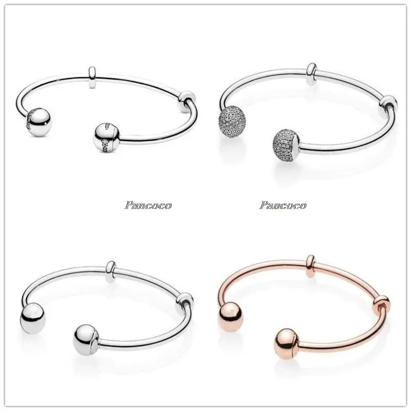 925 Sterling Silver Quality Moments Open Bangle Pave Caps With Cubic Zirconia Bracelet Fit Bead Charm Fashion Jewelry | Украшения и