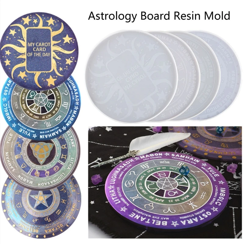 

4Pcs Pendulum Mat Astrology Zodiac Board Epoxy Resin Mold Sun Moon Star Tarot Card Tray Round Resin Mold Witchcraft Tool