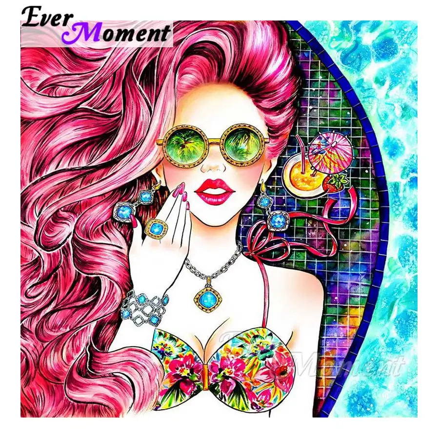 Ever Moment Diamond Painting Girl Summer Red Hair Full Square Resin Drill Mosaic Embroidery Hobby Craft Home Decor 4Y229 | Дом и сад