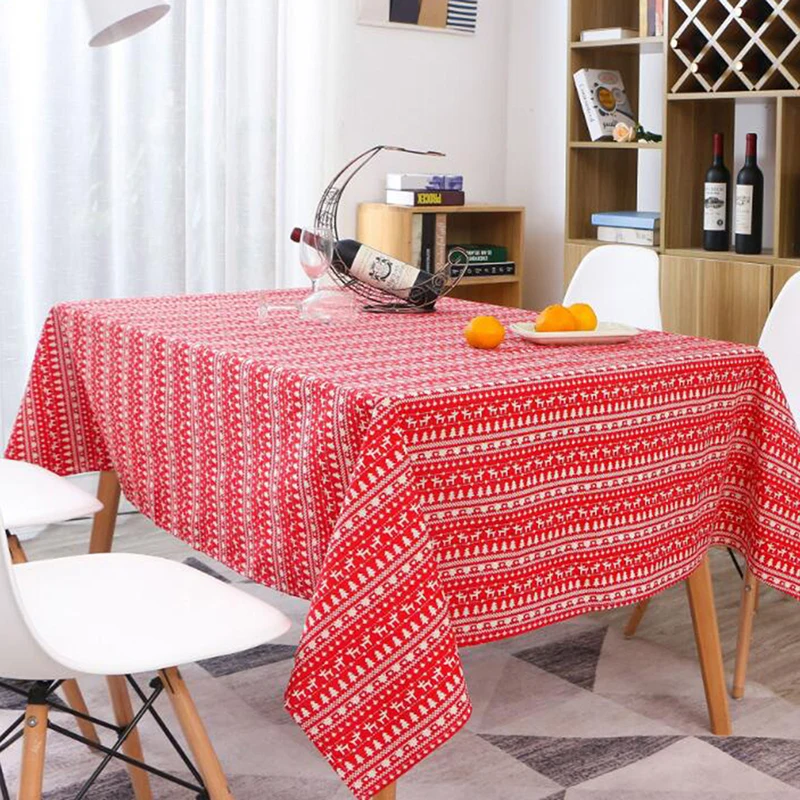 High Quality Red Deer The Christmas Tree Rural Stripe Cotton Table Cloth Cover Towel Tea Table Mat Desktop Decoration