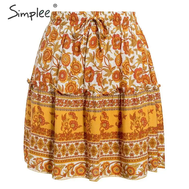 short skirt Simplee богемная Женская длинная юбка с цветочным принтом, высокая талия, шнуровка, трапециевидная женская юбка, весна-лето, праздничные женские юбки - Цвет: short skirt