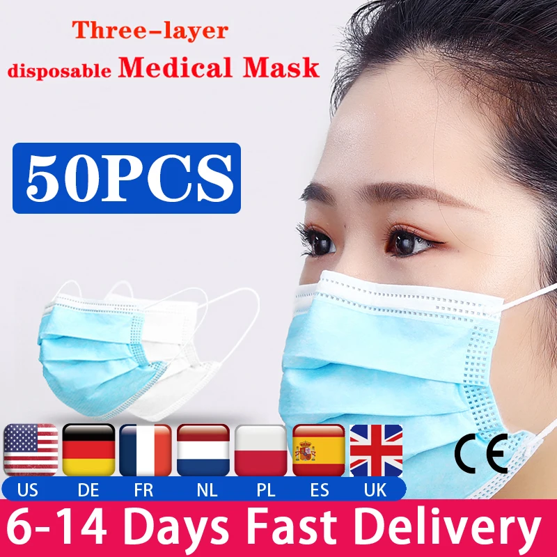 

50PCS Surgical Mask Disposable Medical Mask antibacterial antivirus masks Anti-Dust Anti Fog Haze Face Mouth 3-layer Blue Mask