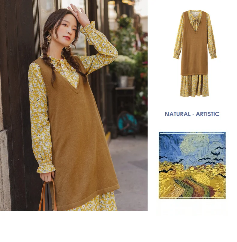 INMAN 2020 Autumn New Arrival Artsy Style Long Vest Flora Print Dress Suit