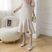 

Women Solid Color A-line Slit Summer Skirts Female Elegant Ruffled Elastic High Waist Midi Skirt Office Lady Fashion Long Skirt