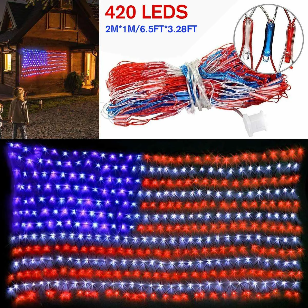 

420 LEDs 2m x 1m Led Flag Net Lights American String Light for Festival Decoration Indoor Outdoor Waterproof 110V US Plug