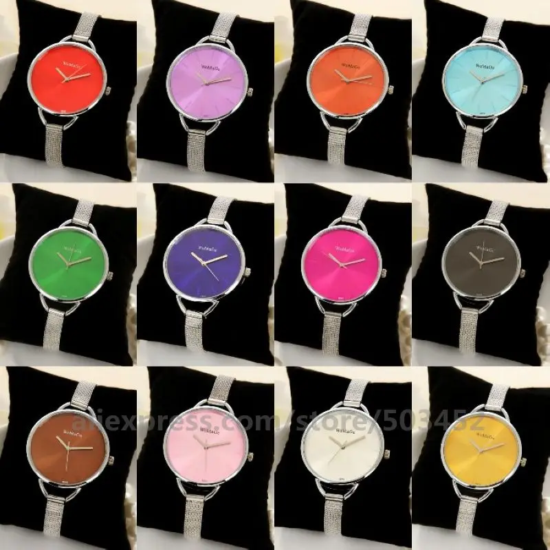 100 шт/лот без цифр женские часы заводская цена подарки другу Relojes Hombre Тонкий Сетчатый ремень модные кварцевые часы