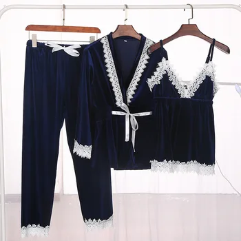 

Casual Pajamas Suit Velour Lounge Lace Sleep Set Women Sleepwear Winter Warm Pijamas Nightwear Long Sleeve Sexy Home Clothing
