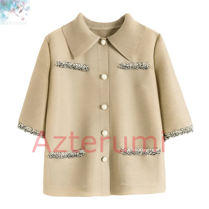 beige top Высокое качество плиссированные женские наборы отложной воротник рубашка пальто с бисером+ повседневные широкие брюки модные элегантные женские офисные костюмы - Цвет: beige top