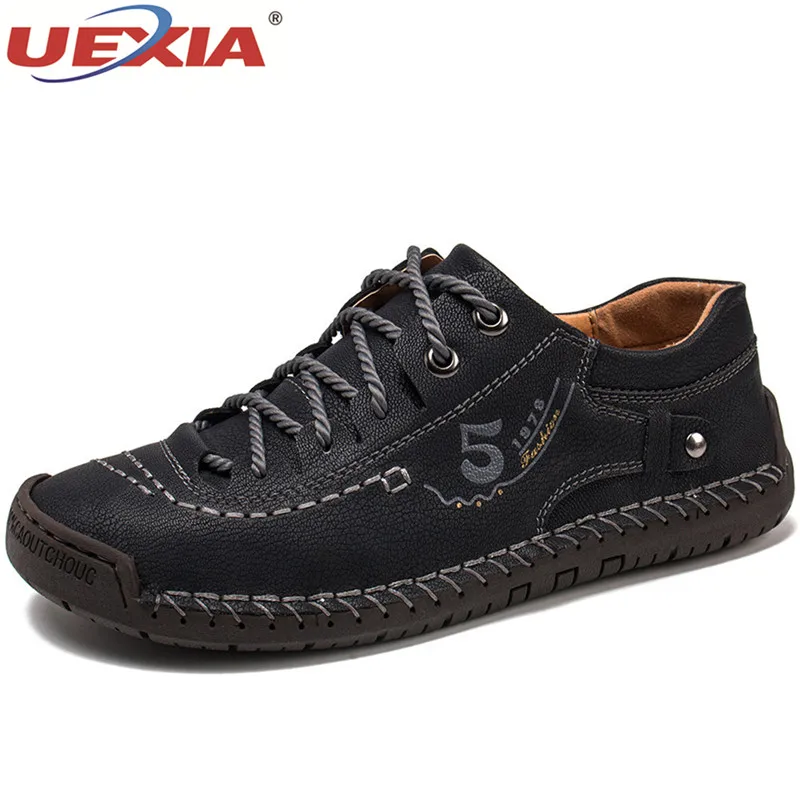 UEXIA/Новинка; спортивная обувь ручной работы на плоской подошве; большие размеры 38-46; повседневные лоферы; кроссовки; мужские качественные мокасины из спилка - Цвет: black