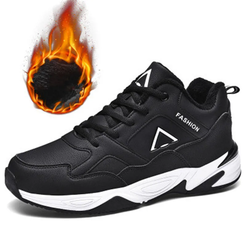 Размеры 39-46, 47, 48, осенне-зимние мужские уличные кроссовки из искусственной кожи, на шнуровке, походная обувь, водонепроницаемая, не скользящая, мужская спортивная обувь - Цвет: Black Plush