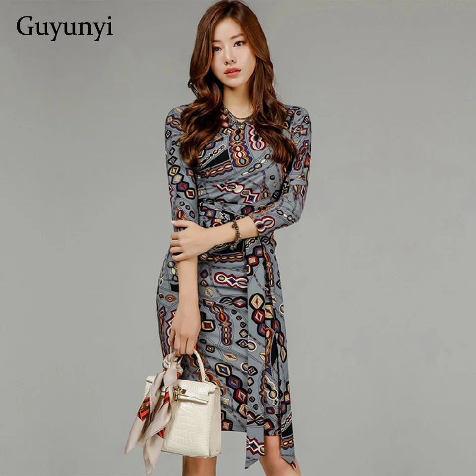 

Office Lady Dress 2019 Autumn Winter High Waist Slim Pencil Dress Fashion Pattern Decorative Belt Temperament Party Dress Women