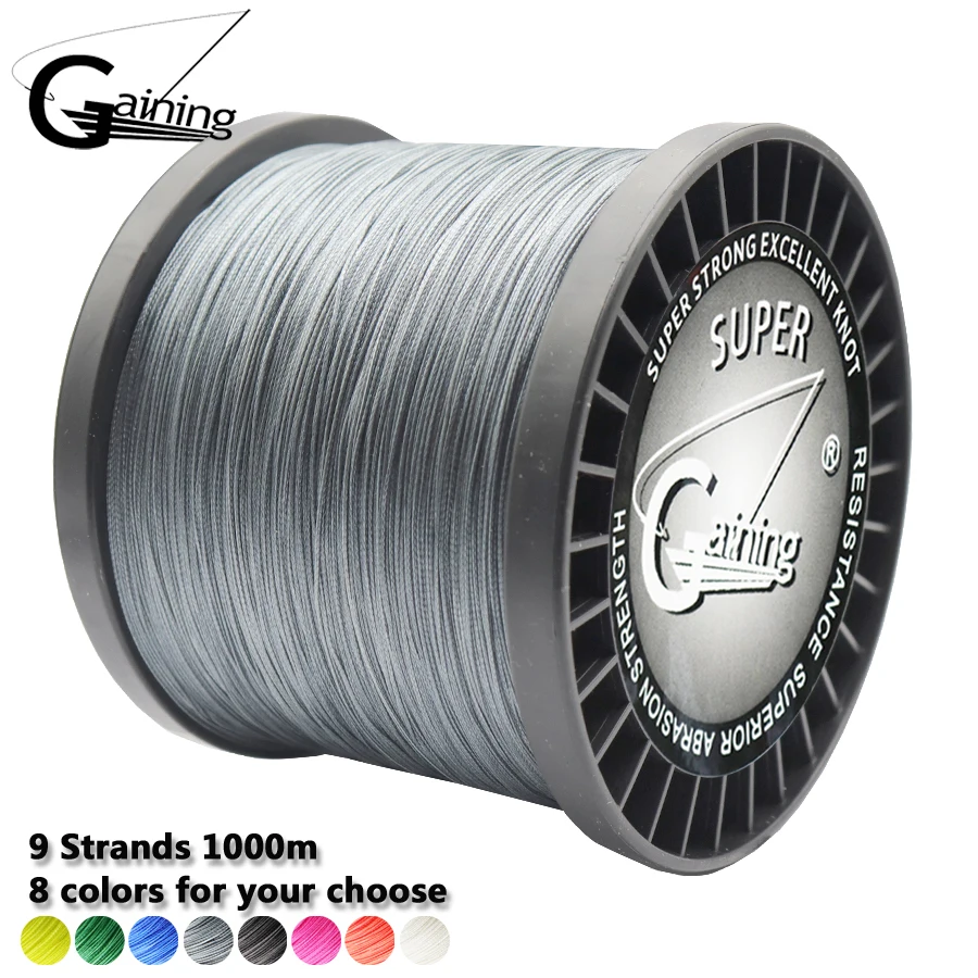 

Gaining 1000M 9 Strands Super 8 Colors PE Braided Fishing Line Strong Strength Fish Line 20LB-200LB for Carp Fishing