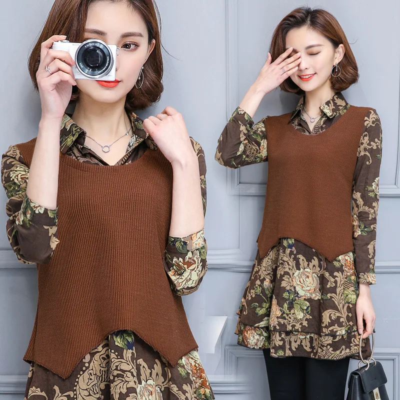 

Autumn New Style WOMEN'S Dress Fashion Floral-Print Women's Long-Sleeve Mid-length Base Shirt Women's Slimming Shirt Tops