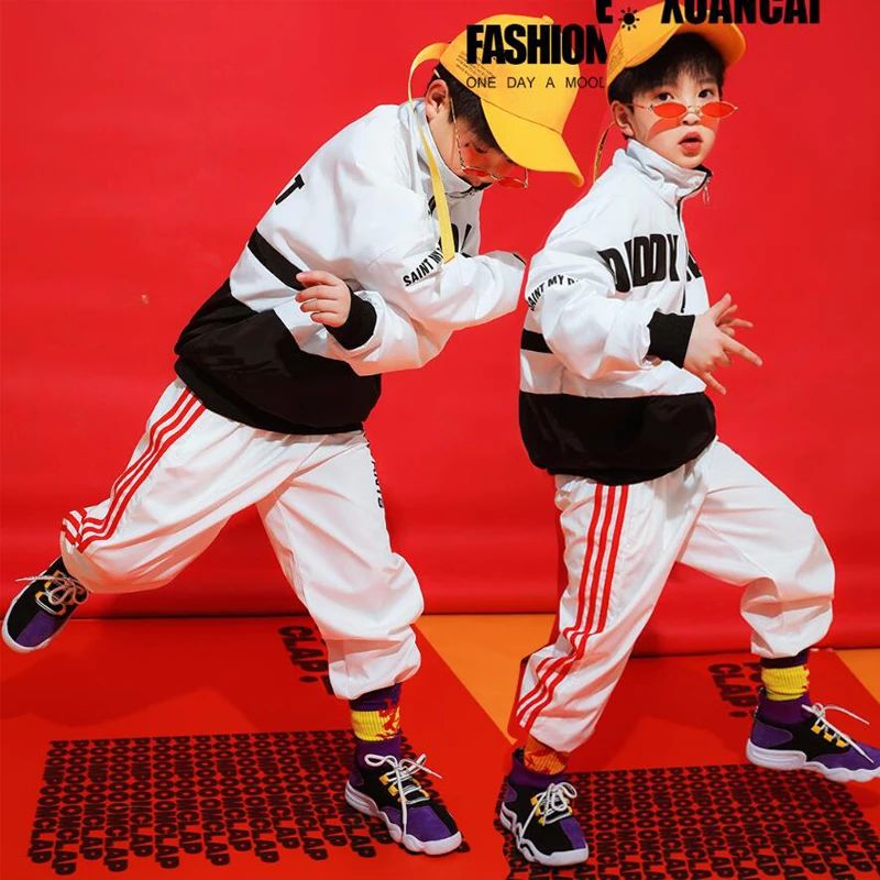 1 set Kid Hip Hop Performance Clothing Black White Sweatshirt Tops Pullover Casual Jogger Pants Girl Boy Dance Costumes Clothes