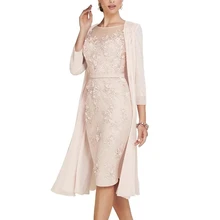 With Jacket Mother Of The Bride Dresses Sheath Knee Length Chiffon Lace Beaded Short Groom Mother Dresses For Weddings