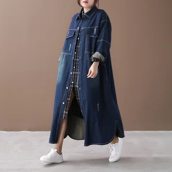 

Koran Denim Trench Coat For Women Autumn Loose Long Coat Women Water Wash Loose Jeans Trench Coat Windbreaker Femme A409S30