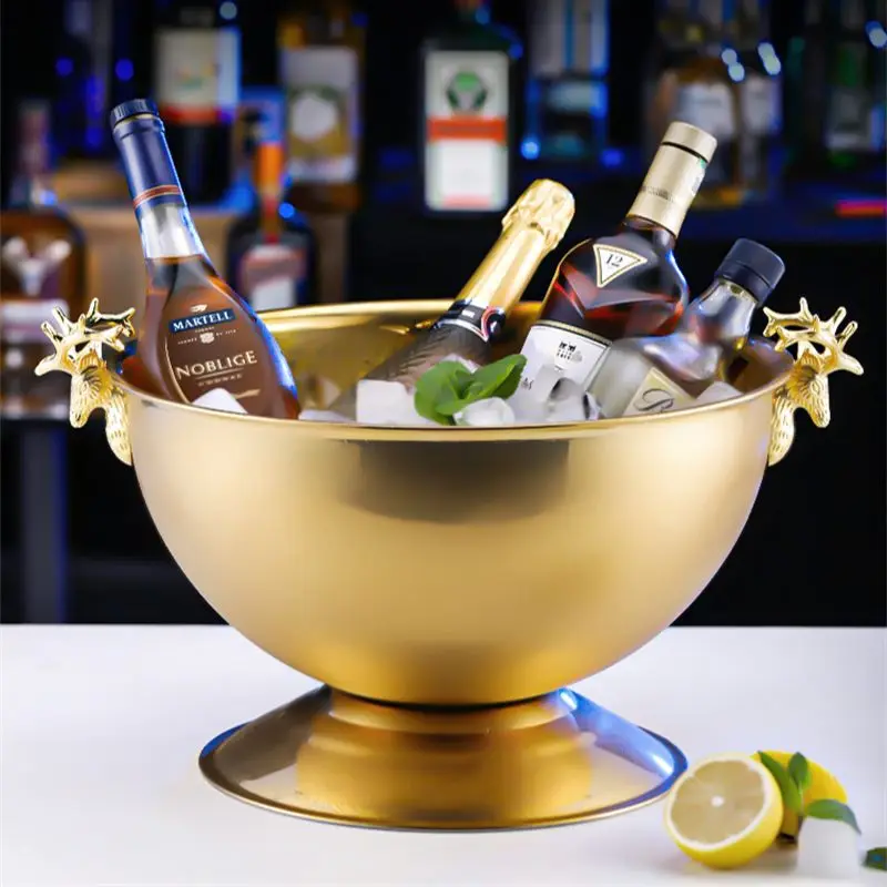 Aixiangru Ice Bucket,13.5L Stainless Steel Champagne Bowl,Whisky Cooling,Elk Handle Golden