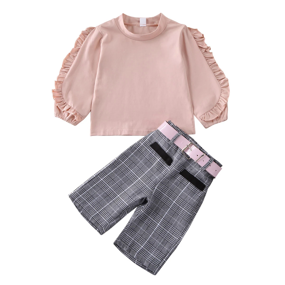 Г. Весенне-осенняя одежда для малышей Топы с длинными рукавами и оборками для маленьких девочек, рубашки+ клетчатые штаны+ ремень, комплекты одежды
