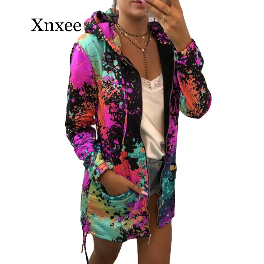 Plus Size Autumn Winter Women Jackets Tie Dyeing Zipper Fashion Hooded Long Sleeve Pocket Casual Slim Jackets thin rainbow