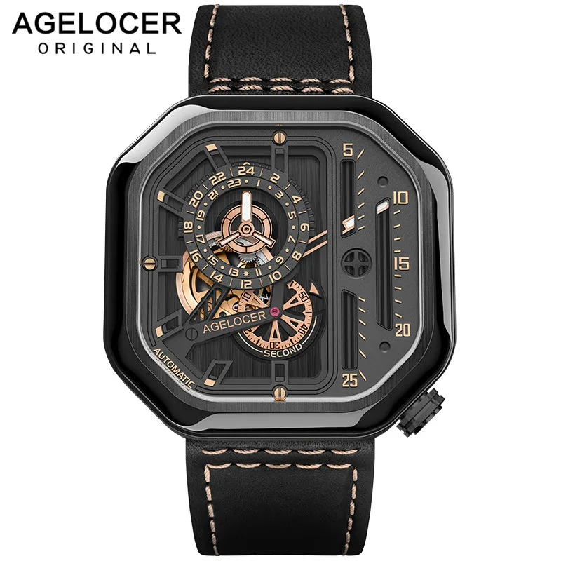 

AGELOCER Swiss Sport Watches Self-wind Automatic Skeleton Watch Steel Waterproof Mechanical Watch Square Lumious reloj hombre