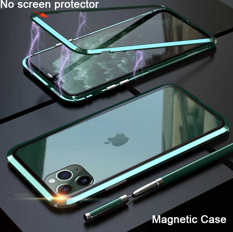 Металлический магнитный адсорбционный чехол для iphone 11, чехол из закаленного стекла для iphone 11 pro max, Новые Чехлы, бампер, чехол