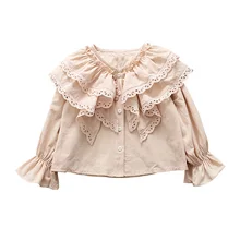Блузка с принцессой для девочек, Весенняя Милая Кружевная рубашка с воротником «Питер Пэн» для маленьких девочек, детская одежда детские топы, блузки