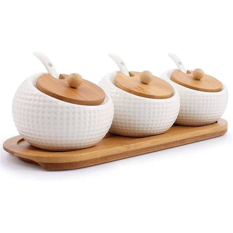 

Porcelain Condiment Jar Spice Container with Lids Bamboo Cap Ceramic Spoon Wooden Tray Pottery Cruet Pot for Kitchen White Set