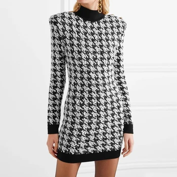

Newest Runway Designer Lion Buttons Dress 2020 Autumn Winter Women's Long Sleeve Turtleneck Short Houndstooth Wool Dress