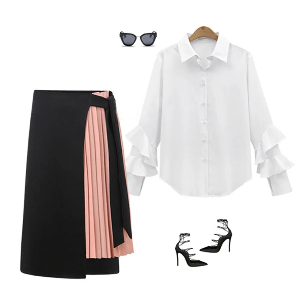 Spring Summer Irregular Skirt Fake Two Pieces High Waist Pleated Side Slit Skirt Polyester Fashion Women Skirt