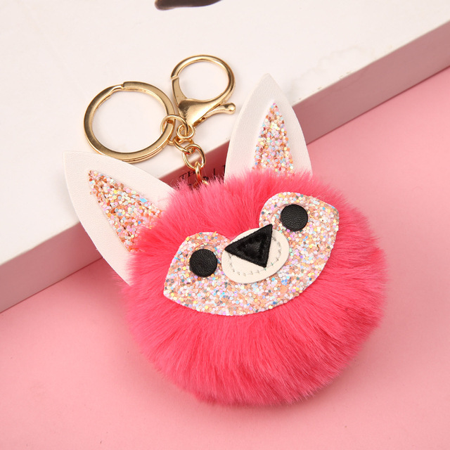 Ball Keychain Charm Key Ring Cute Leather Fox Keyring Plush Fluffy Pompom Faux Rabbit Fur Ball Bag Car Key Charms Accessory
