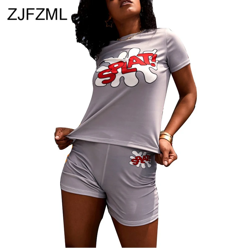 

Letter Kawail Printed Sexy Two Piece Set Women Clothes O-neck Short Sleeve Slim T-Shirt and Causal Mini Short 2 Piece Summer Set