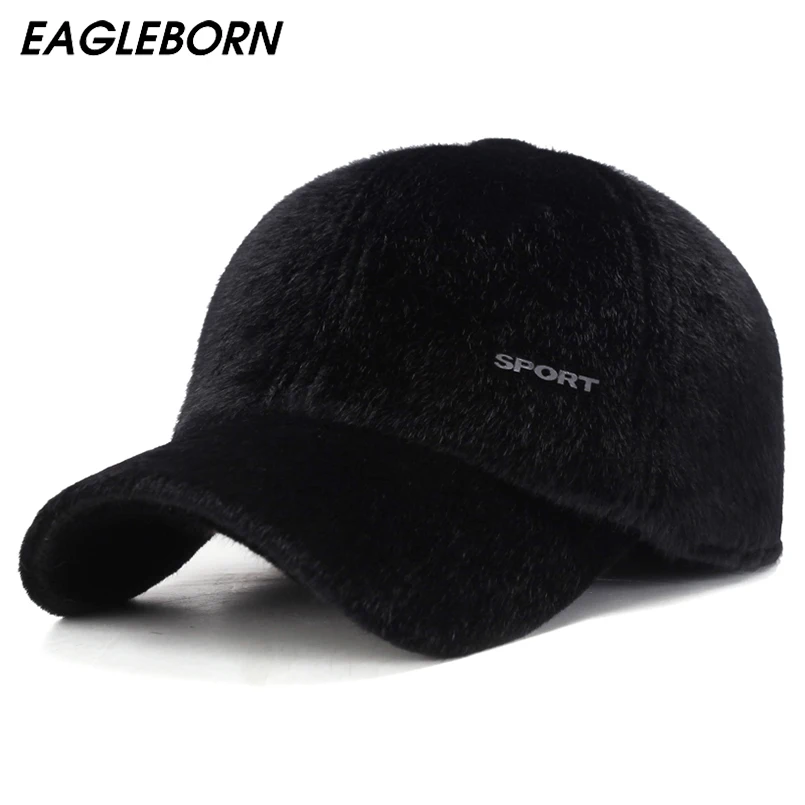 

2019 New Winter Baseball Cap Men Thicken Faux Fur with Ear Flaps Dad Hat Warm Trucker Caps Outdoor Sport Hats