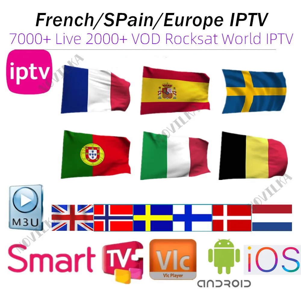 Europe IPTV Subscription Rocksat France UK German Arabic Dutch Sweden French Poland Portugal Smart TV IPTV M3U 6000 Live