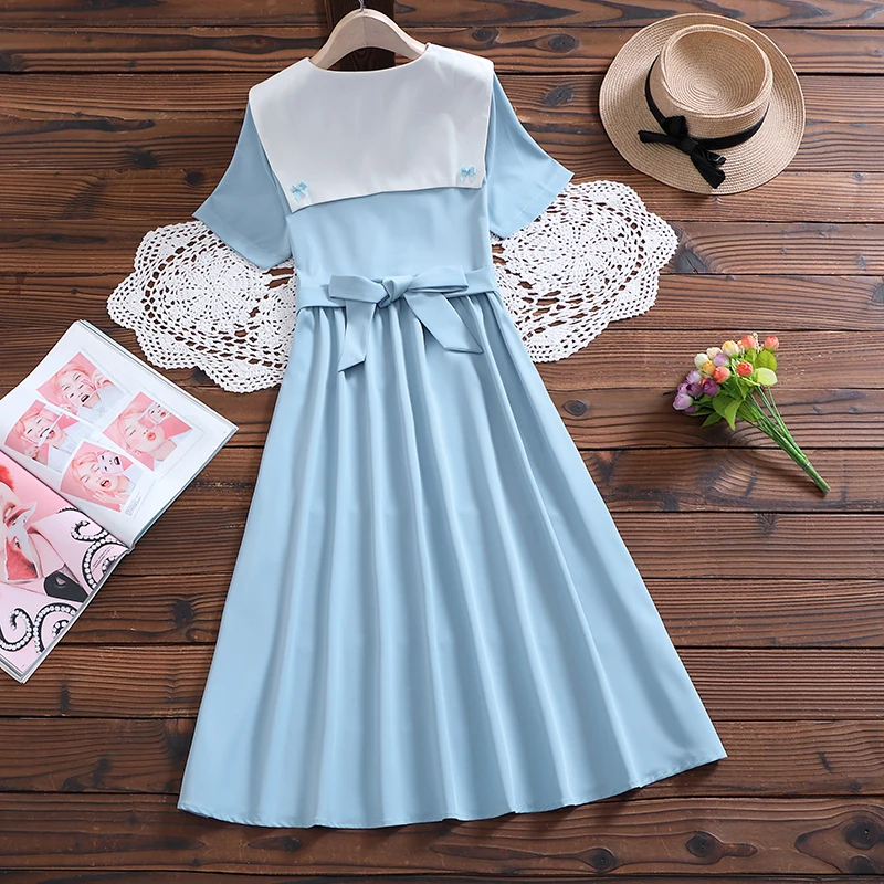 New cute sweet dress japan style short sleeve sailor collar mori girl casual vestidos