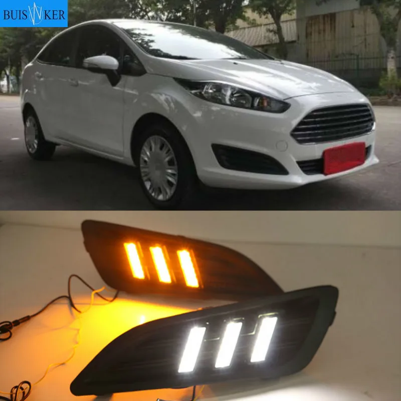 

1 пара для Ford Fiesta 2013 2014 2015 2016, светодиодсветодиодный дневные ходовые огсветильник, светодиодные дневные ходовые огни, противотуманные фары, желтые поворотные сигнальные огсветильник s