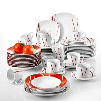 

MALACASA Series Felisa 60 Piece Red Stripe Ivory White Porcelain Dinner Set with 12 Piece Cups Saucers Dessert Soup Dinner Plate