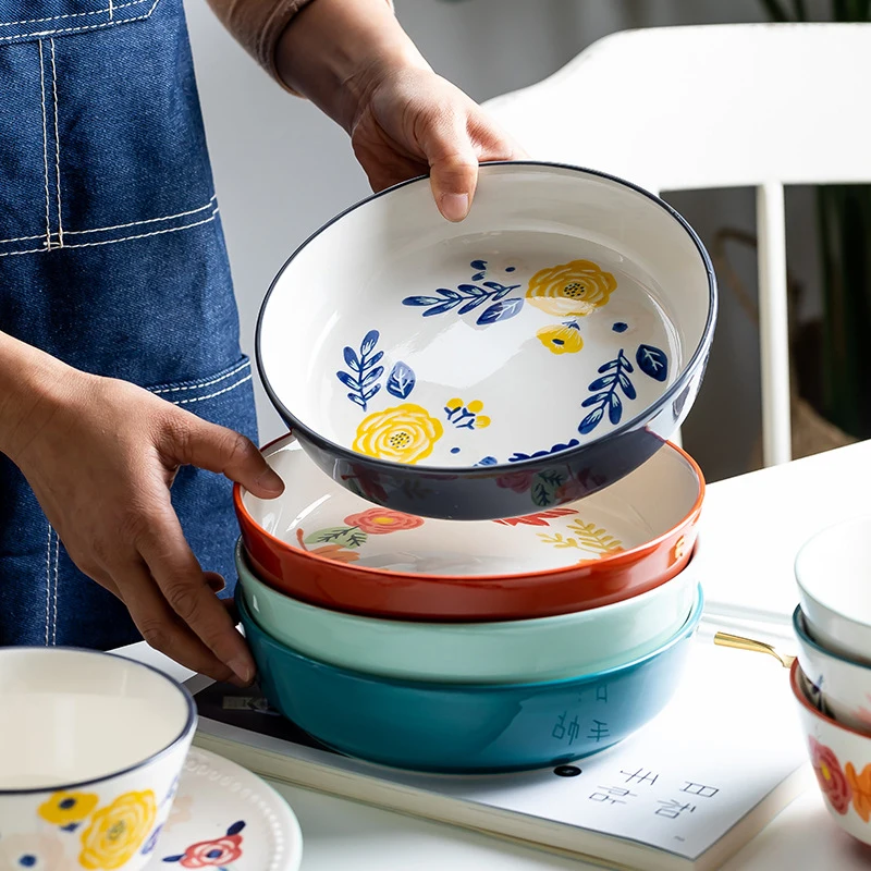 Noodle Bowl Full Set Dinner Tools, Ceramic Family Dinnerware, Japanese Tableware, Western Tray, Pan with Handle, Soup Bowl