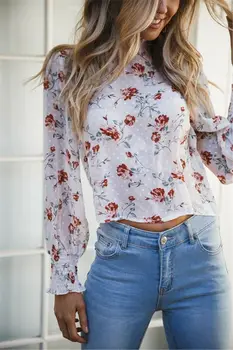 

Fashion Women Casual Tops Holiday Ladies Slim Shirt Blouse Loose Lantern Sleeve Floral Chiffon Elegant Female Blusas Clothes