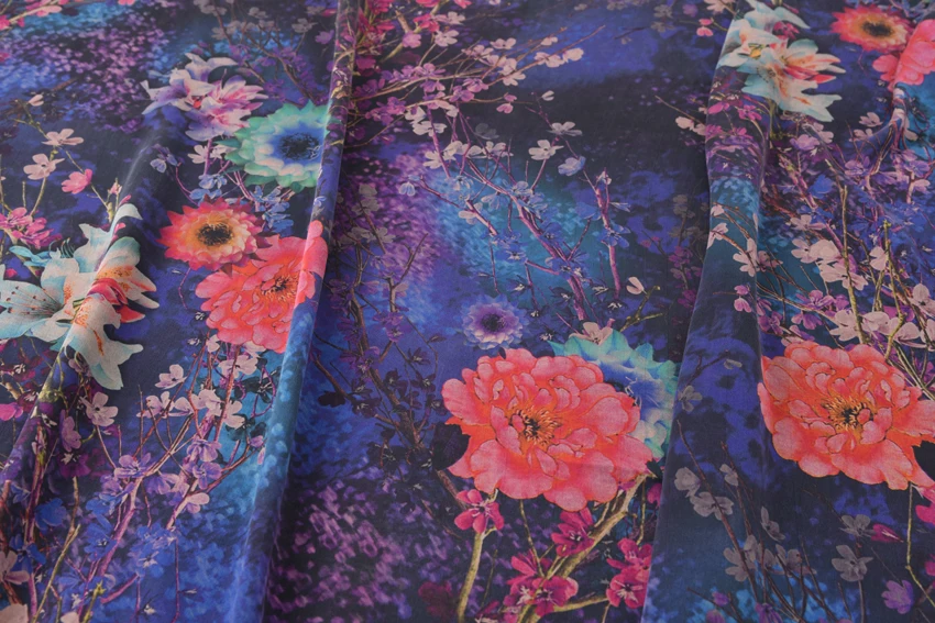 Цифровой струйный полный натуральный шелковый атлас марлевая ткань фиолетовый сад 1,1 метров в ширину