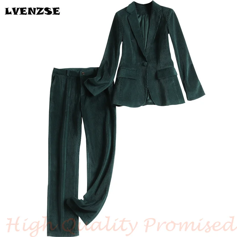 

LVENZSE Pants Suit Women Fashion Two-piece Suit Women 2019 British Style Early Autumn Corduroy Pant Suits for Women Blazer Set