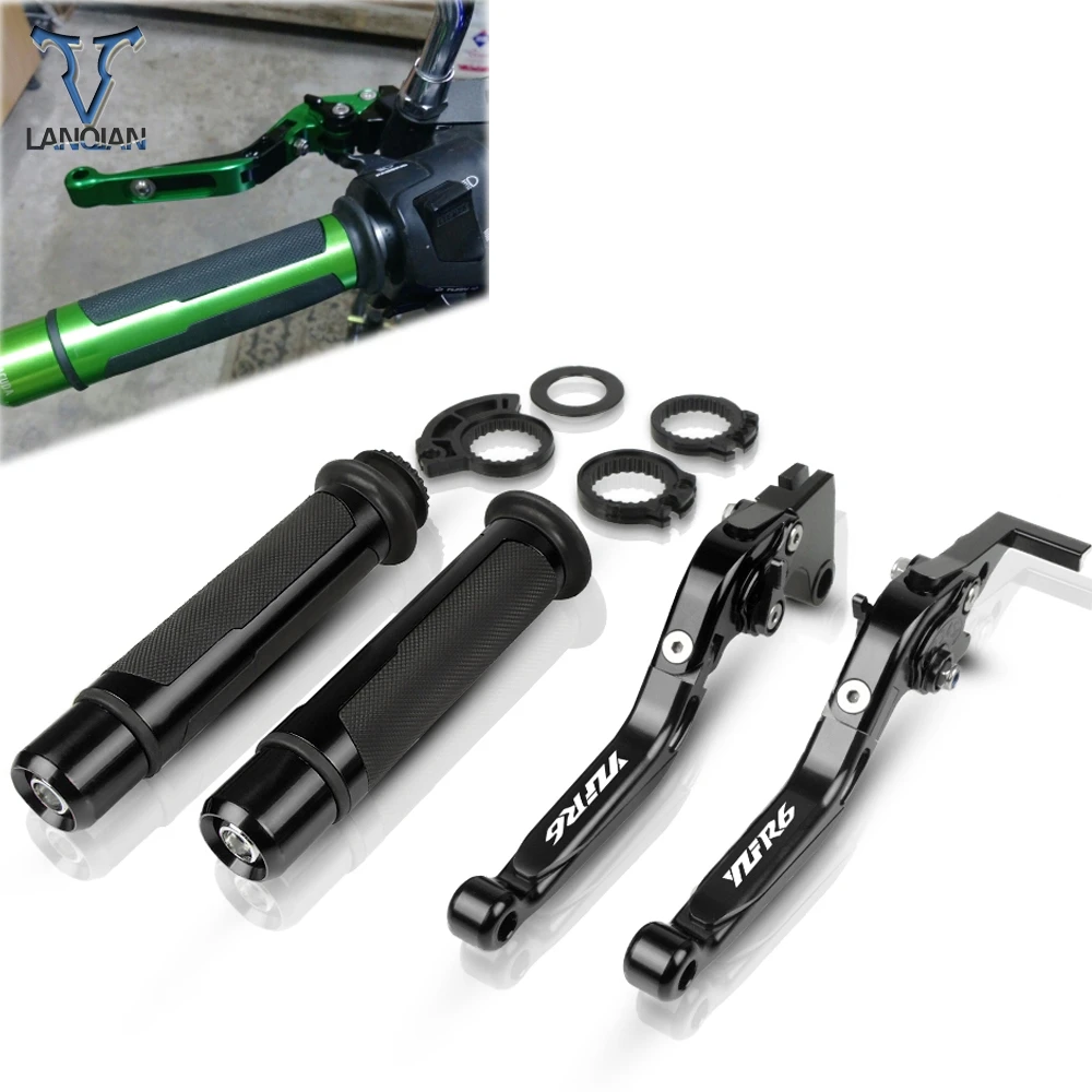 

Motorcycle Accessories CNC Adjustable Brake Clutch Levers And Handle Grips With LOGO For YAMAHA YZF R6 YZFR6 2005 2006 2007-2016
