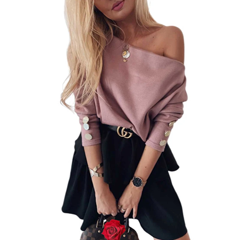 Pink YELITE, сексуальный вязаный свитер с открытыми плечами, женские модные пуловеры, трикотаж, свободный, рукав "летучая мышь", длинный рукав,, белый, розовый, джемпер - Цвет: Pink