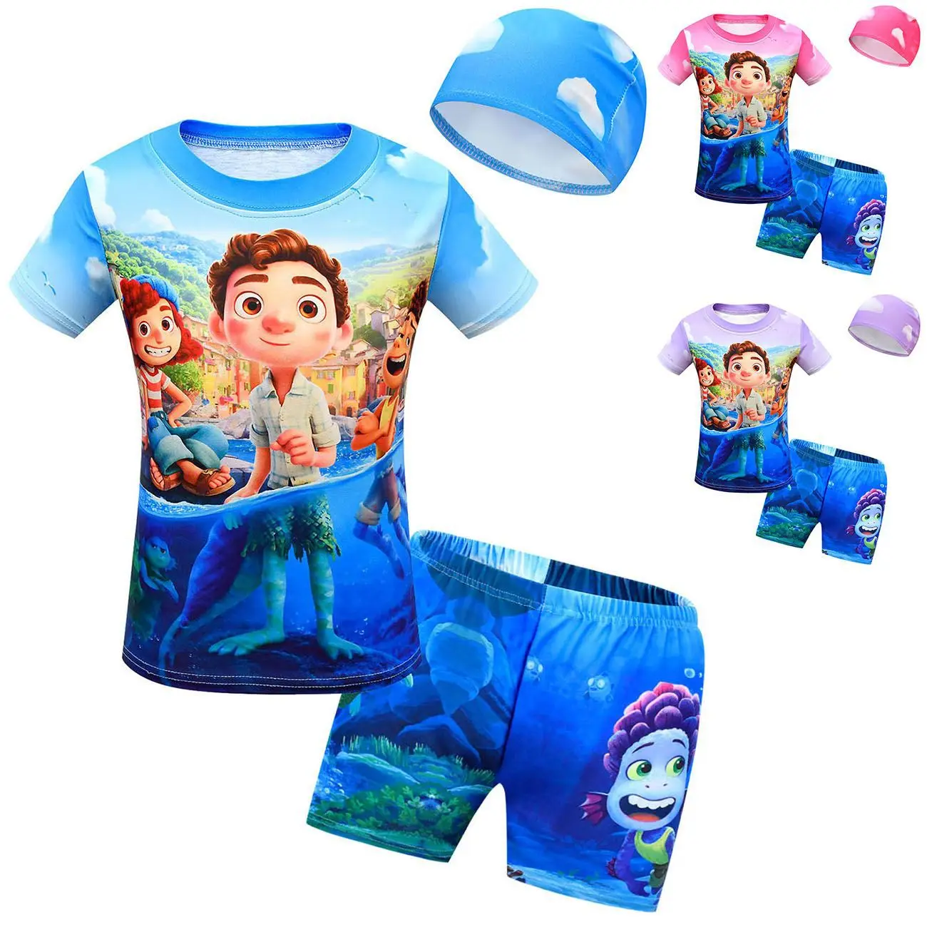 

Swimsuit Kids 3pc Boy Clothing Set Toddler Baby Swimming Suit+Cap luca Print Swimswear Boy Cartoon Children clothes bathing suit