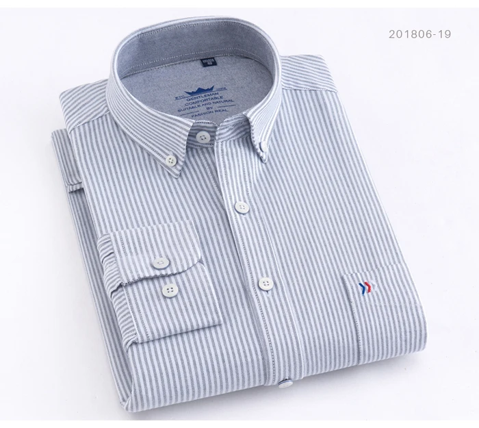 Men's Casual 100% Cotton Oxford Striped Shirt Single Patch Pocket Long Sleeve Standard-fit Comfortable Thick Button-down Shirts