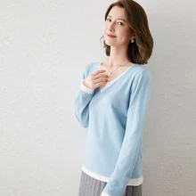 

2022 Spring And Autumn New Women's V-Neck Fake Two-Piece Pullover Sweater Korean Version Elegant Fashion Simple Knitted Sweater